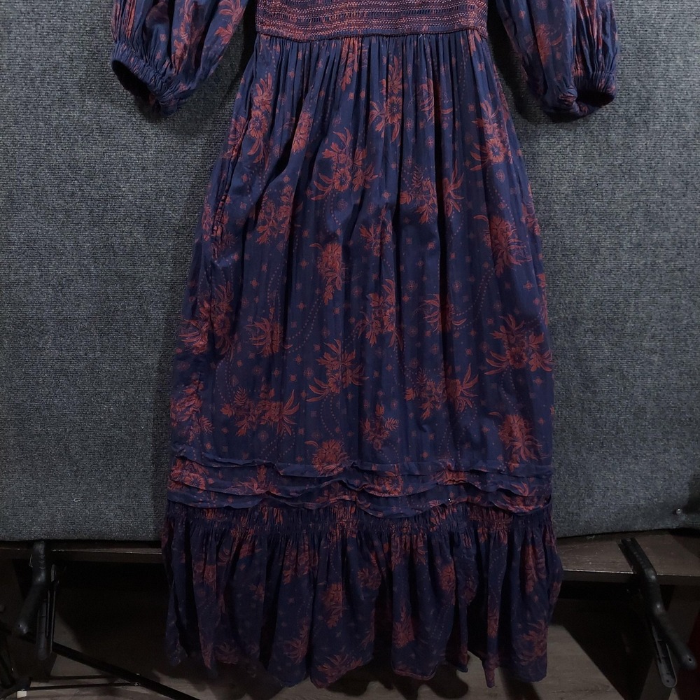 Free People Dress Womens Large Blue Floral Maxi Long Sleeve Boho Peasant Pockets - Picture 7 of 14